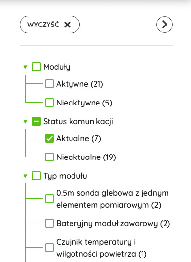 Lista opcji do filtrowania