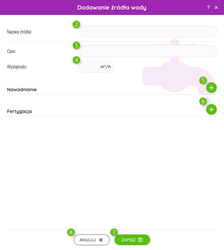 Okno do dodawania źródła wody