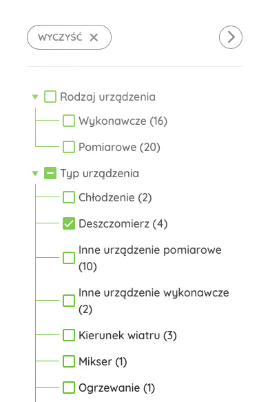 Lista opcji do filtrowania