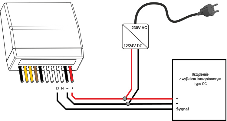 Podłączenie czujki z tranzystorowym wyjściem impulsowym